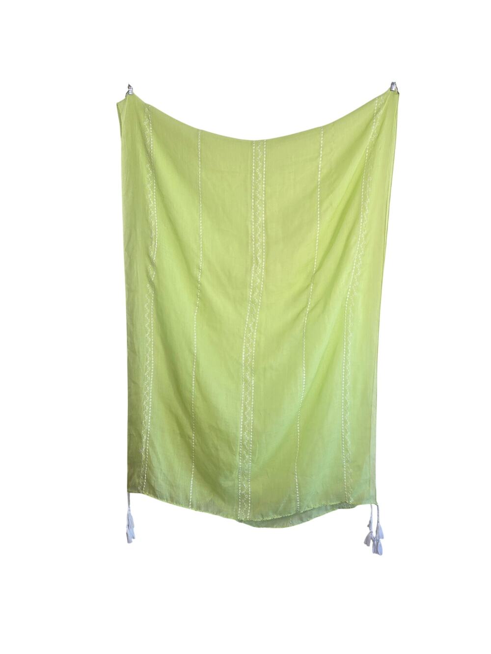 Lime Green Tassel Scarf – Boho Embroidered Sheer Wrap 76x29”